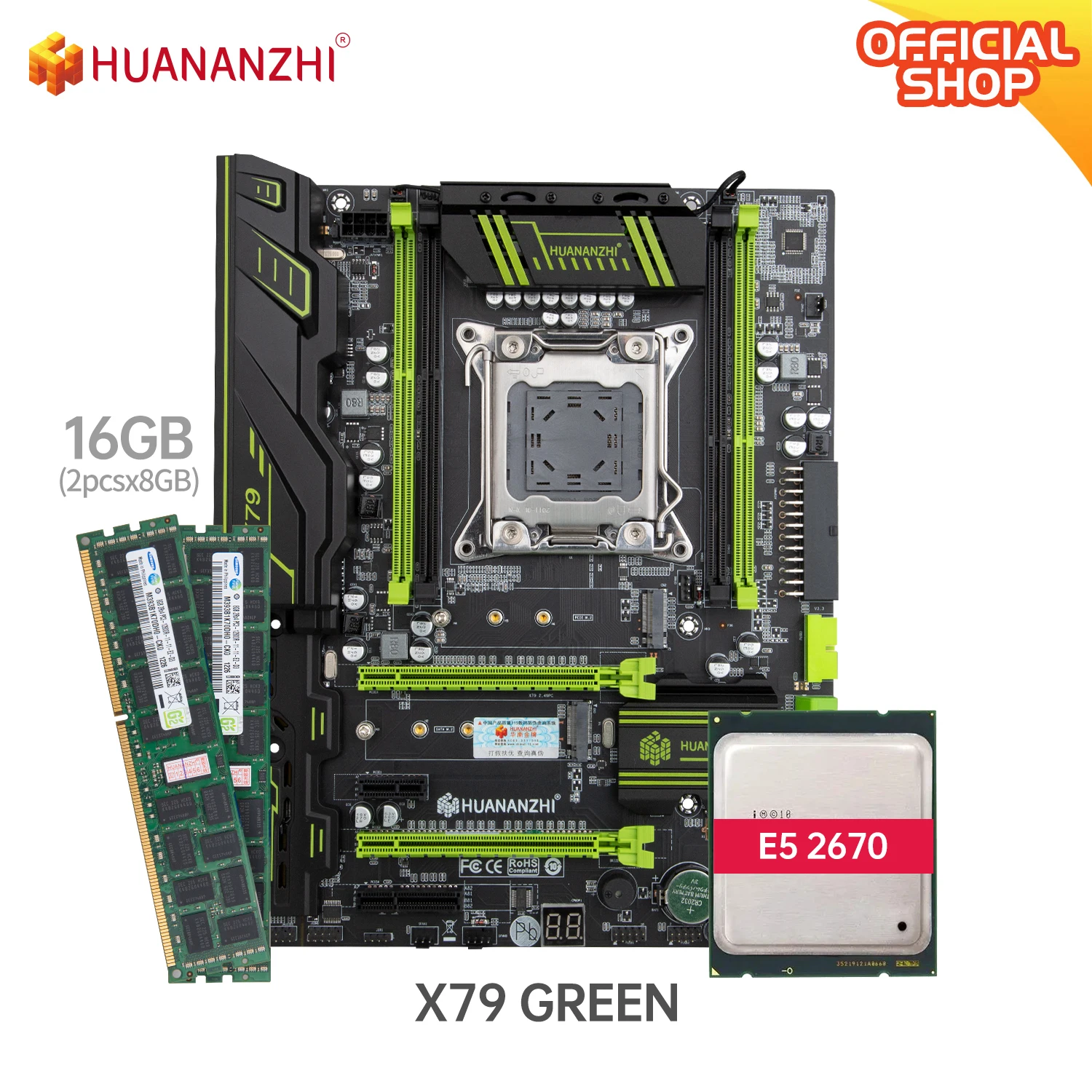 HUANANZHI-placa base X79 GREEN 2,49 X79, con Intel XEON E5 2670v2, con 2x8G DDR3 RECC, conjunto de memoria, SATA 3,0, USB3.0