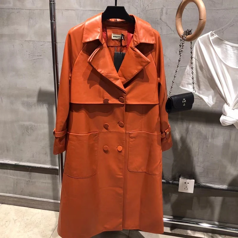 

ladies genuine leather sheep windbreak women real lambskin coat long