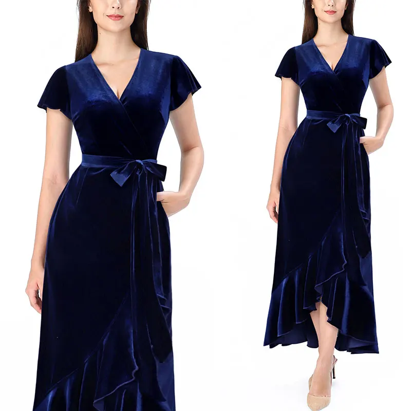 Blue Velvet Vfemage, женские бархатные леопардовые, в горошек, с оборками, с карманами, с поясом, с разрезом, высокая низкая, повседневное, официальное, для вечеринки, длинное платье макси 079 - Цвет: Blue Velvet