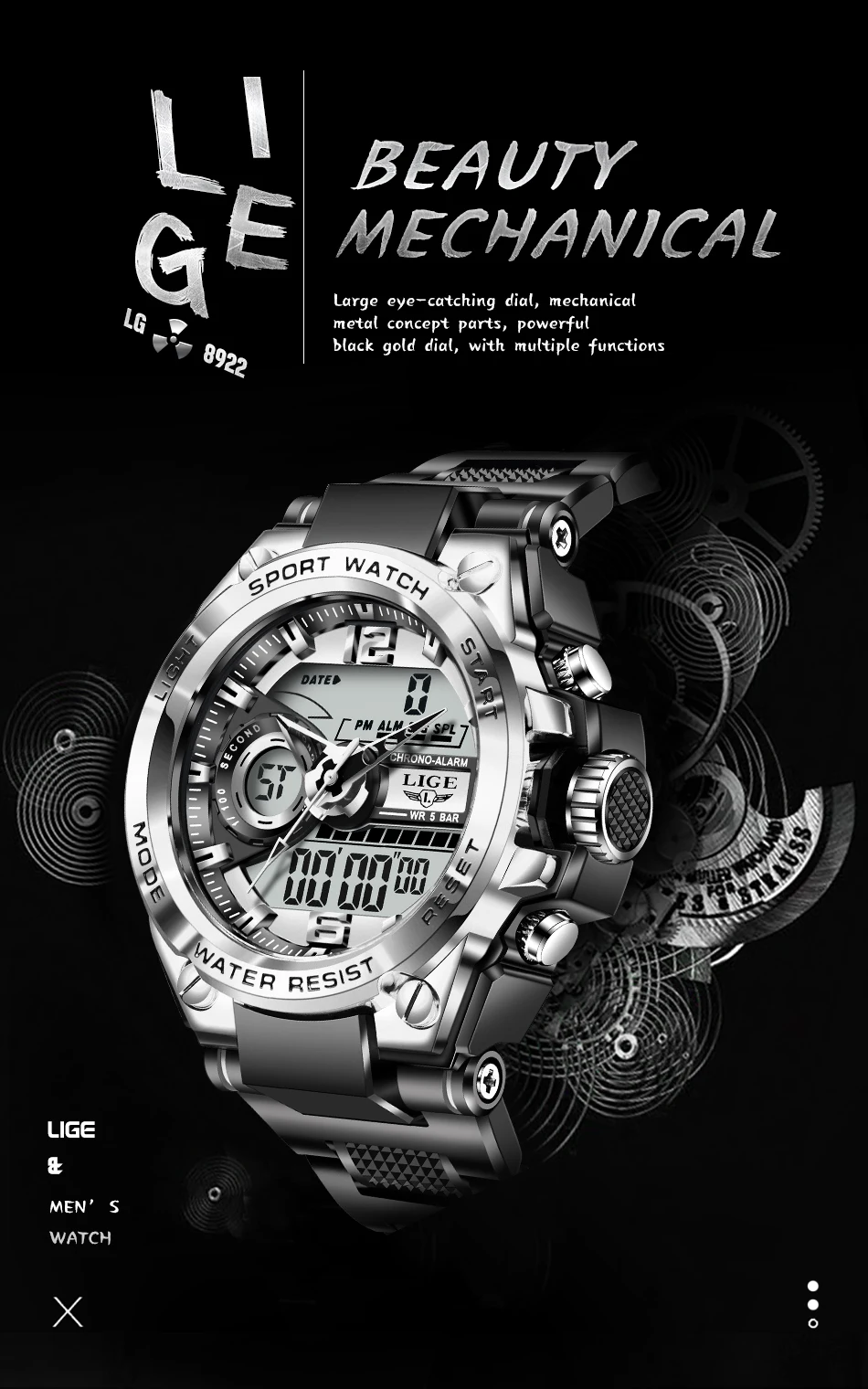 2022 LIGE Sport Men Quartz Digital Watch Creative Diving Watches Men Waterproof Alarm Watch Dual Display Clock Relogio Masculino