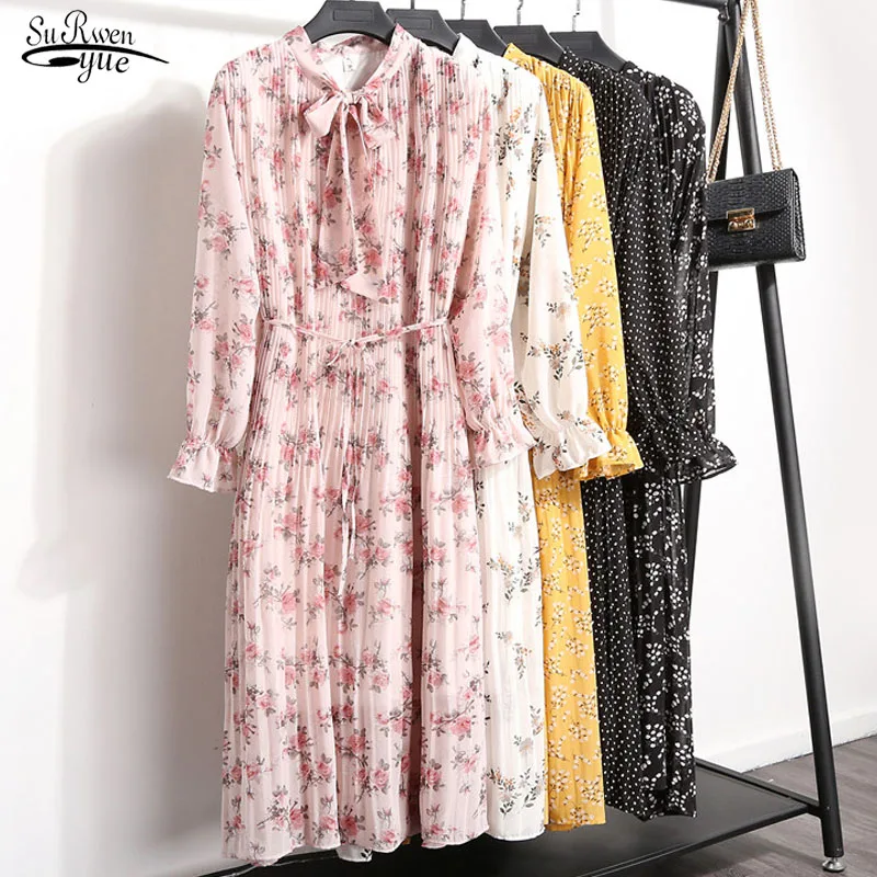 Женское винтажное шифоновое платье элегантное плиссированное с длинным рукавом