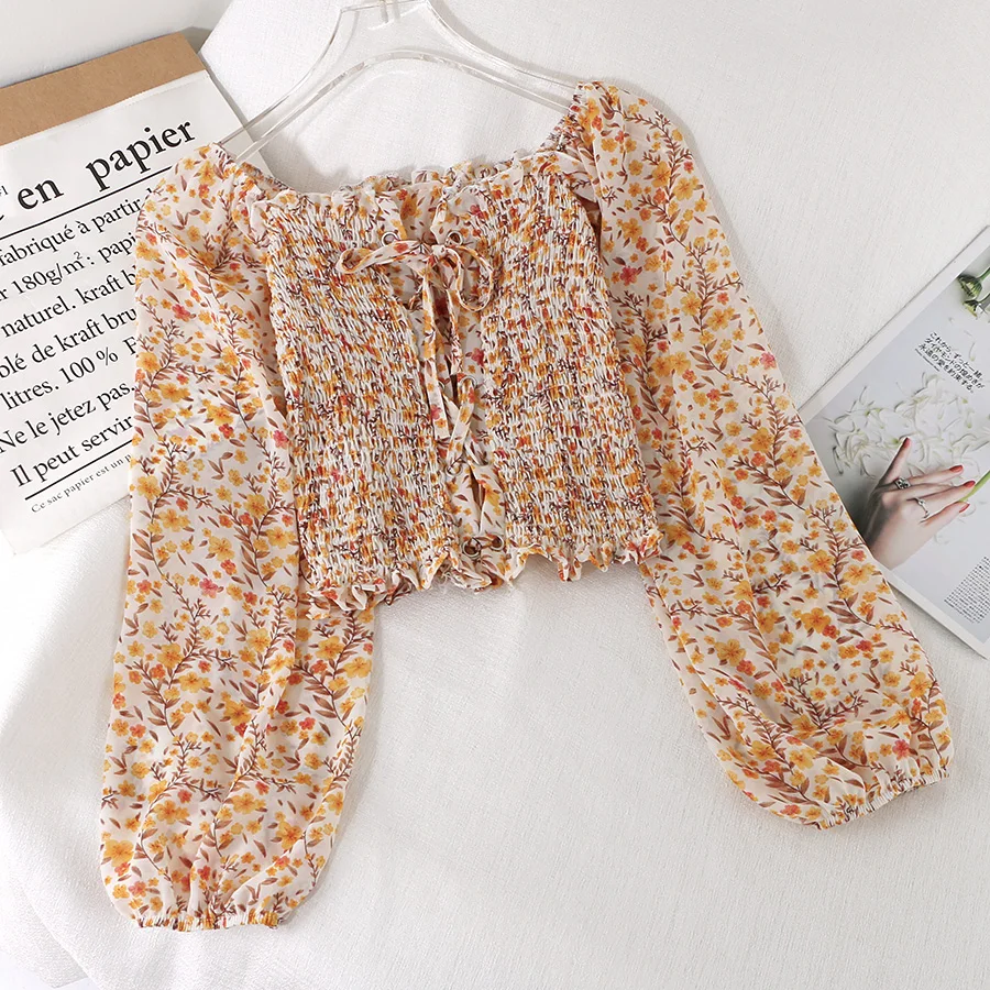 Женская шифоновая блузка с цветочным принтом винтажная плиссированная короткая