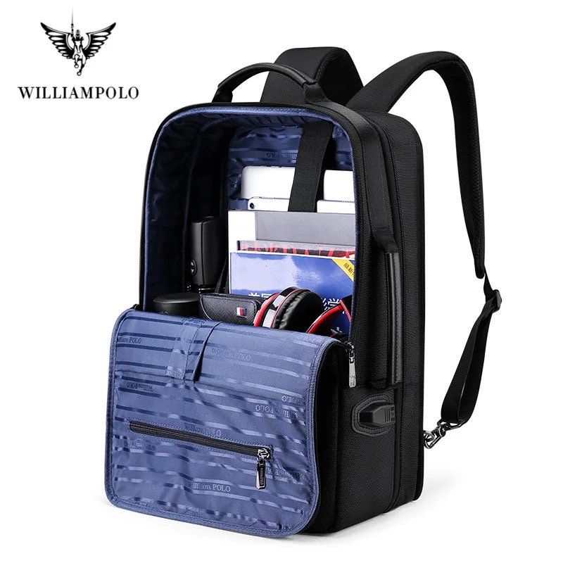 Мужской рюкзак от кражи WILLIAMPOLO расширяемый кожаный с USB внешней зарядкой для