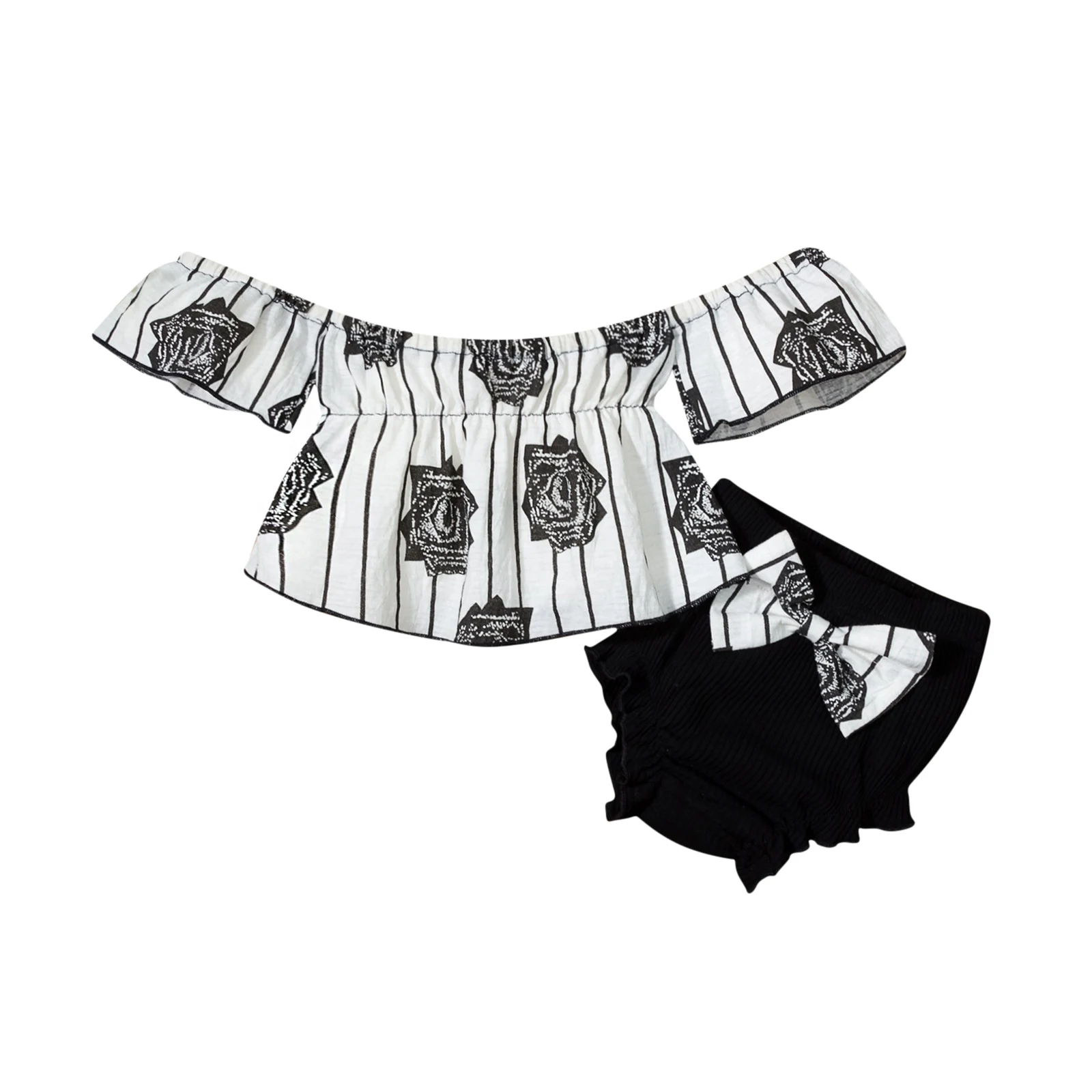 

Комплекты Emmababy для маленьких девочек, комплект с коротким рукавом и шортами, модная футболка с открытыми плечами и принтом роз и треугольны...