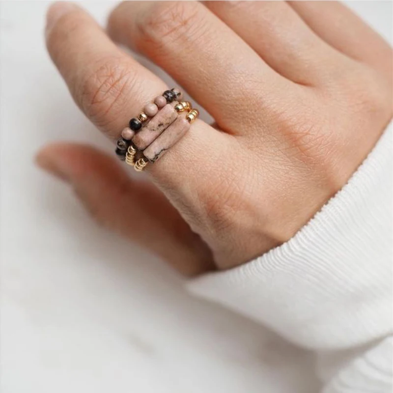

Ins Style Natural Stone Rings for Women Amethyst Malachite Opal Bohemian Multi Color Handmade Stainless Steel Ring Adjustable