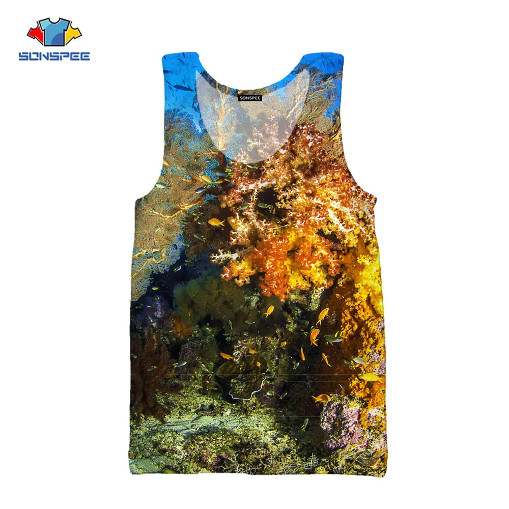

SONSPEE 3D Print Coral Animal Vest Top Summer Fashion Casual Harajuku Unique Bright Underwater World Romantic Popular Vest Top