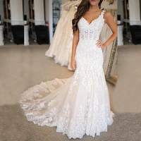 high quality white lace mermaid bridal wedding dresses sleeveless deep v neckline applique wedding gowns for bride court train
