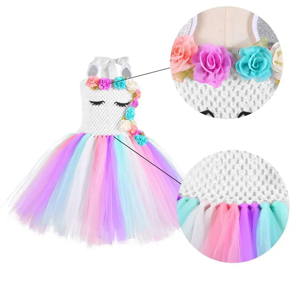 С цветочным узором для девочек Единорог Туту платье пастельных Радужное