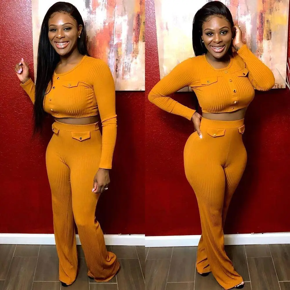 wide leg set Echoine осенний Женский трикотажный ребристый сексуальный комплект из 2 предметов, укороченный топ и брюки-карандаш, подходящие комплекты, облегающий клубный спортивный костюм - Цвет: wide leg set