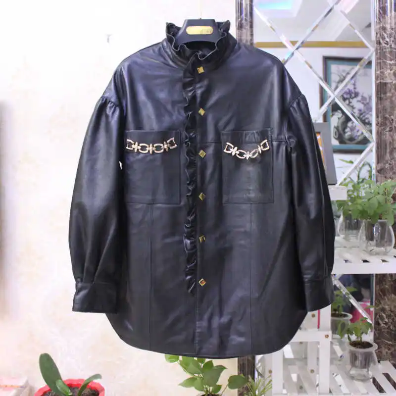 

2021 Fashion Spring women's High quality sheepskin genuine leather ruffles jackets Hot fashion women loose leather coat B691