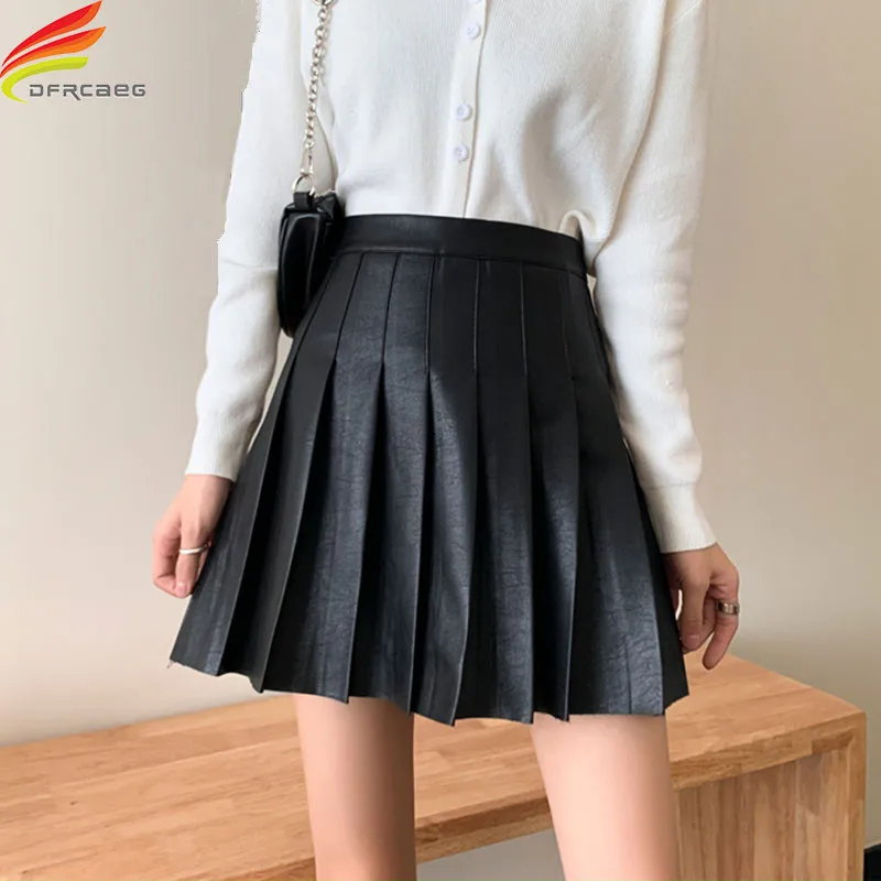 Minifalda de cuero para mujer, Falda plisada de cintura alta, Color negro, Beige y caqui, para otoño e invierno, 2022