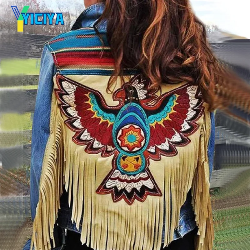 

YICIYA Denim Jacket Women Punk Slim Coat Casual Personality Print Tassel Trend Long Sleeve Spring Autumn Women Blue Jackets,met