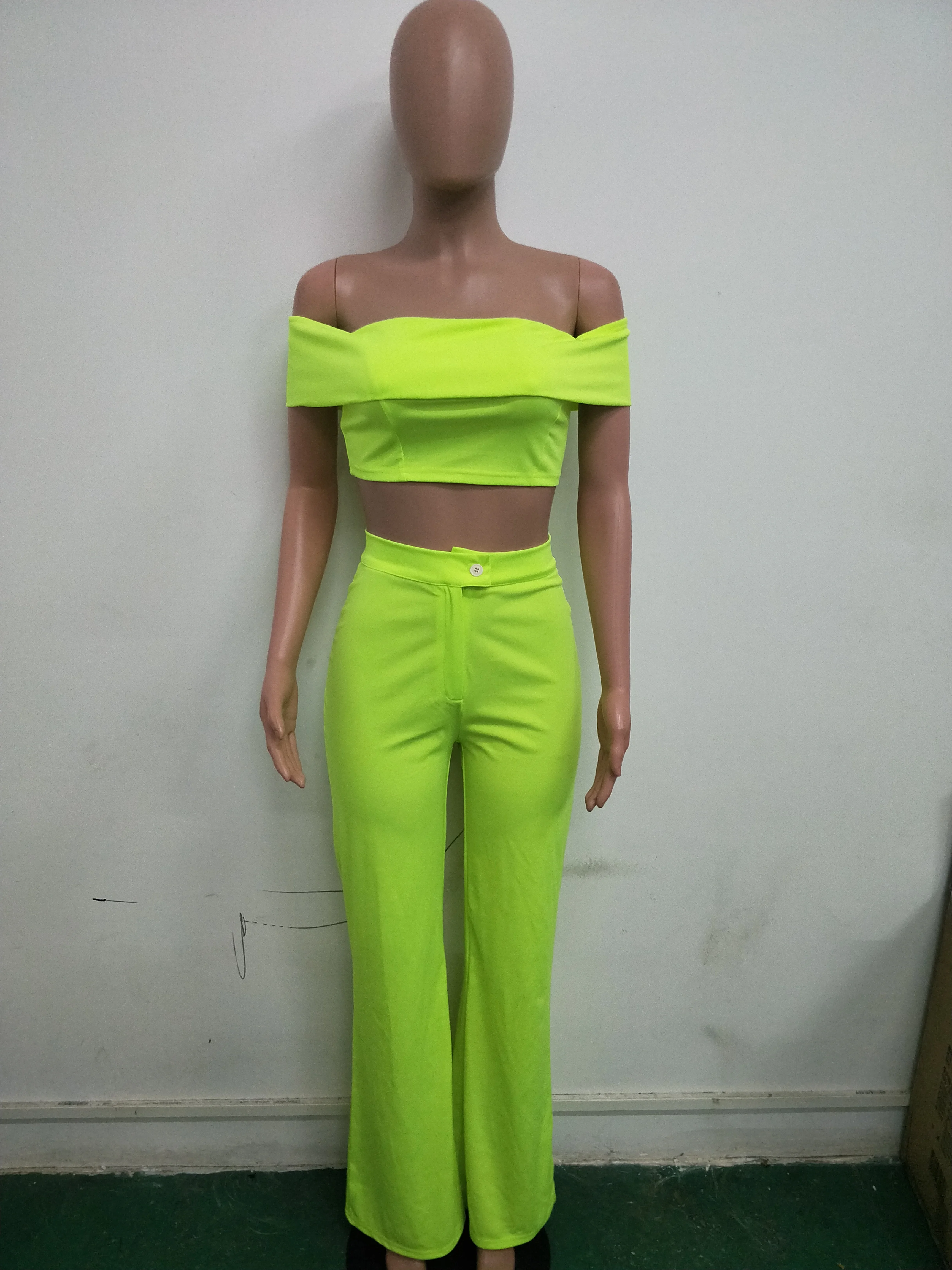 2019 женский новый летний Флуоресцентный зеленый топ с вырезом штаны костюм