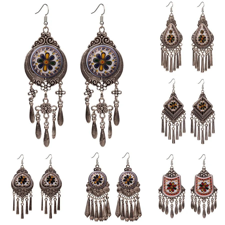 

Large Ethnic Tassel Earrings for Women Tribal Symbol Drop Dangle Chandelier Earring Vintage Jewelry Bohemian 4 Colors