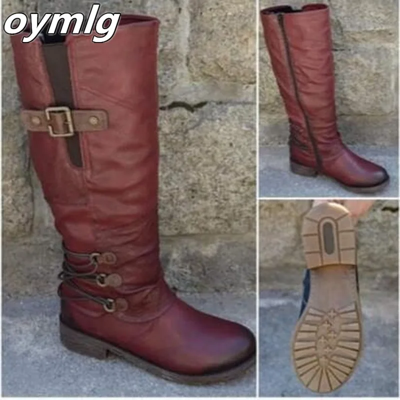 

oymlg women knee high boots chaussure low heels booties plus size gladiator PU leather knight shoes woman zapatos mujer sapato