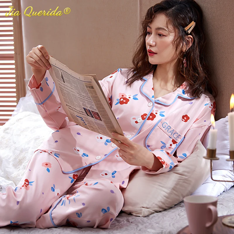 Пижамы для женщин весна 2020 новинка 100% хлопок розовая пижама с принтом длинный