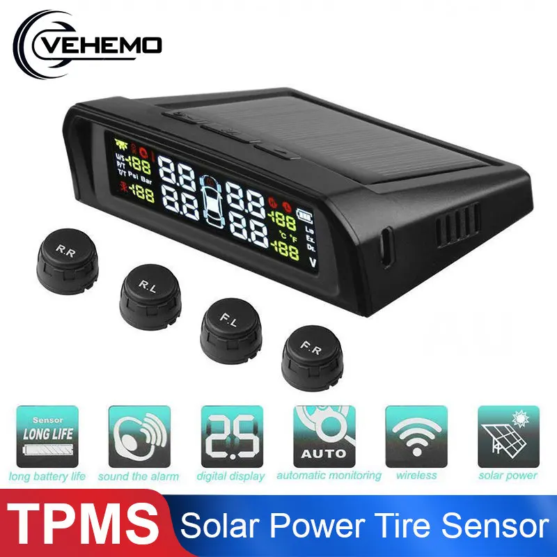 Солнечная TPMS беспроводная система контроля давления в шинах ЖК монитор с 4