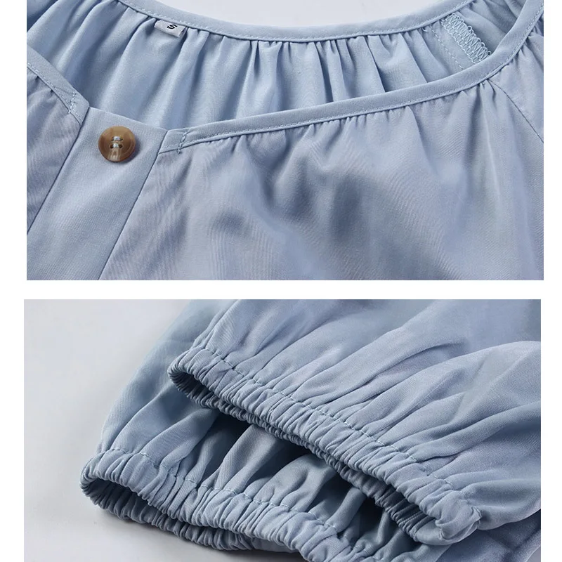 

Button O Neck Summer Women Loose Shirts Solid Color 3/4 Sleeve White Blue Top Tess