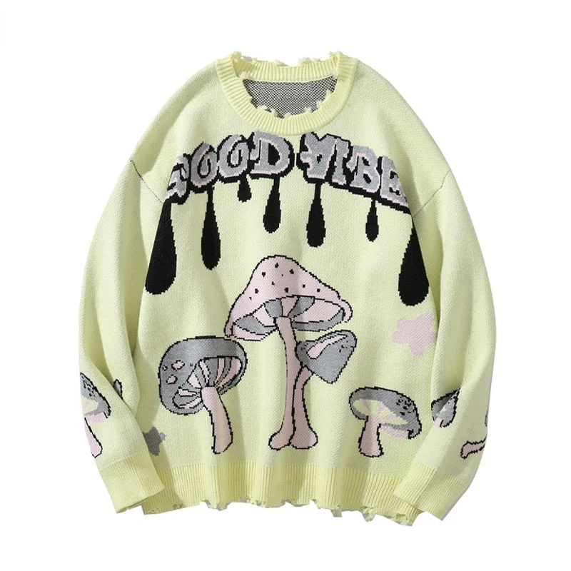 

Свитер Мужской трикотажный в стиле Харадзюку, уличный джемпер с мультяшным рисунком грибов, повседневный модный Свободный Топ в стиле хип-х...