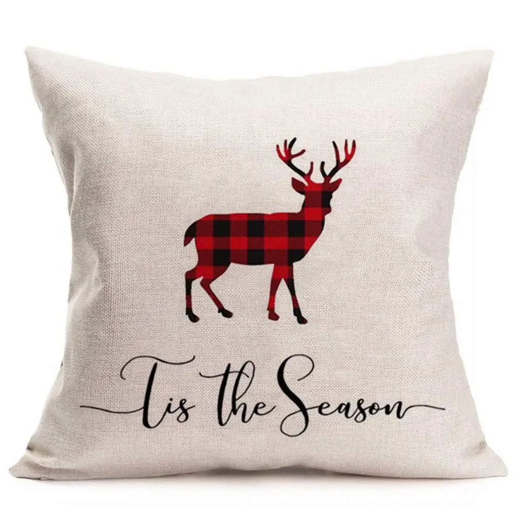 Черно-красная льняная наволочка в клетку с рождественским оленем для диванной