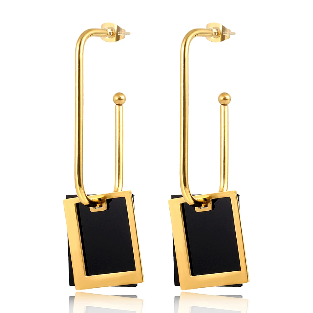 

New Surgical Steel Two Tone Plated Square Charms Women Earrings Geometric Long Drop U Hoop Earrings Jewelry Party Gift For Women