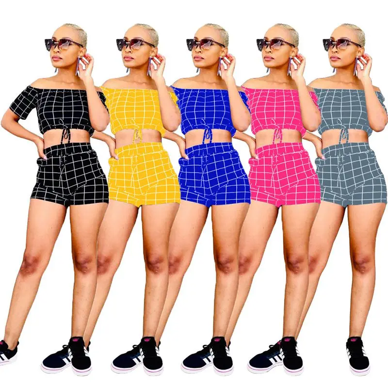 

Spring Summer Two Piece Set Women Plaid Print Short Sleeve T-shirt Biker Shorts Sets Tracksuit Sportswear Lounge Wear Streetwear