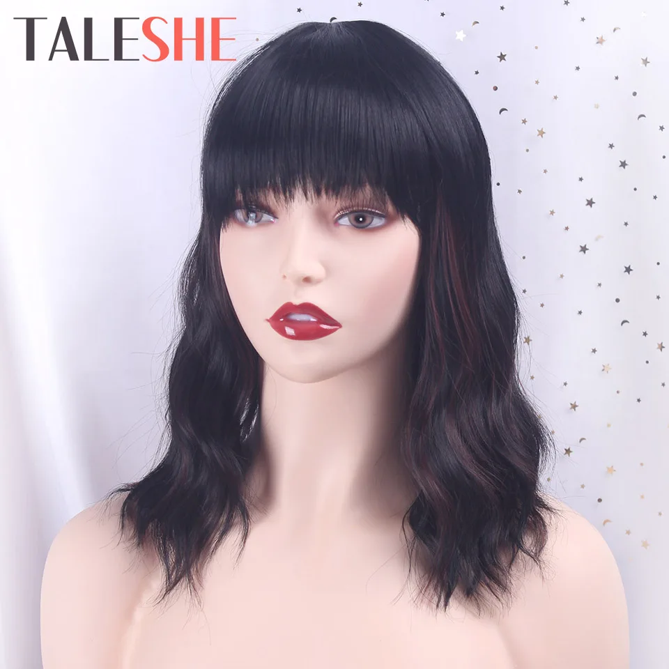 

Black Short Wavy Wig with Bangs Synthetic Wigs for Black Women Natural Brown Mixed Black Hair Heat Resistant TALESHE