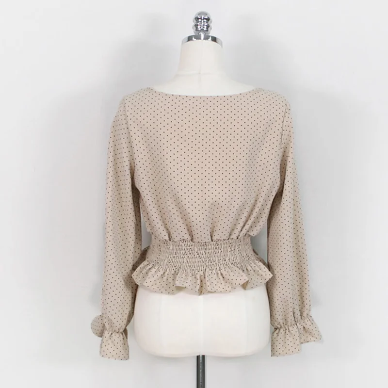 

Women Blouse Shirt Vintage V-neck Flare Sleeve Polka Dot Elegant Front Buttons Slim Waist Ruffles 2021 Female Blouse Tops