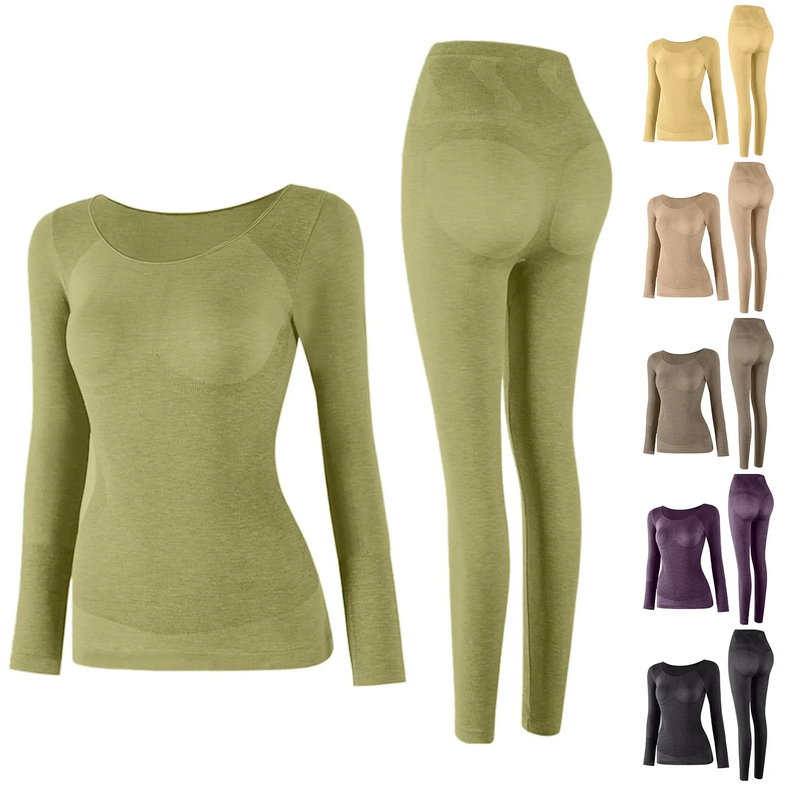 

Winter Warm Women Seamless Solid Colors Long Sleeve Elastic Thermal Inner Wear Thermal Buttomming Tops Underwear Leggings Set#g3