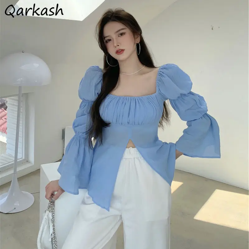 

Blouses Womens Slit Flare Long Sleeve Loose Square Collar Leisure Solid Temperament Korean Version Simple Feminino Tops Gentle