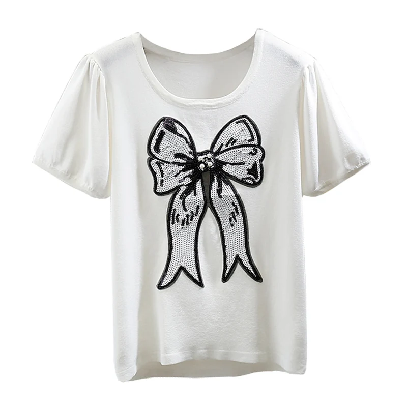

Women's T-Shirts Summer Wear Fashion Beaded Sequins Big Bow Sweet Short Sleeve Knitted T Shirt Female Casual Top Tees