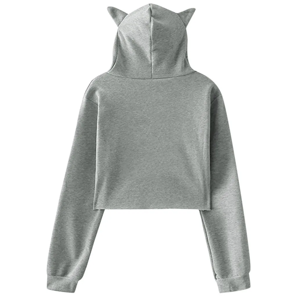Милые свитшоты с кошачьими ушками женские короткие толстовки sudadera осенние женские пушистые шляпы с капюшоном пуловер Черный Белый kpop