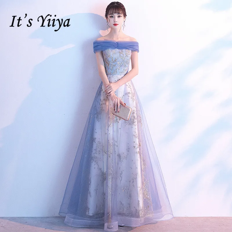 

Evening Dress Blue It's Yiiya AR314 Elegant Boat Neck Shining Formal Dresses Long Off Shoulder Vestidos De Fiesta Longo 2020