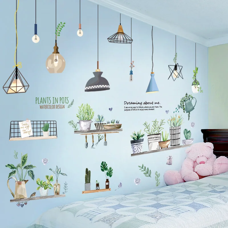 

[shijuekongjian] Chandeliers Lights Wall Stickers DIY Potted Plants Mural Decals for Living Room Kitchen Home Decoration
