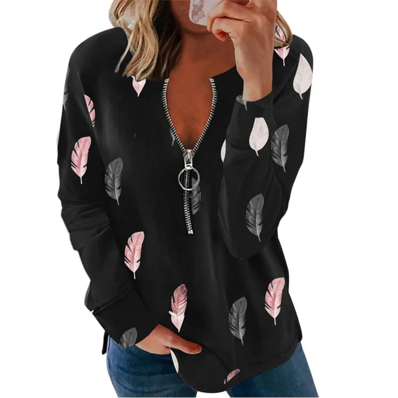 

Women Tee Tops V-neck zipper feather print long-sleeved loose T-shirt