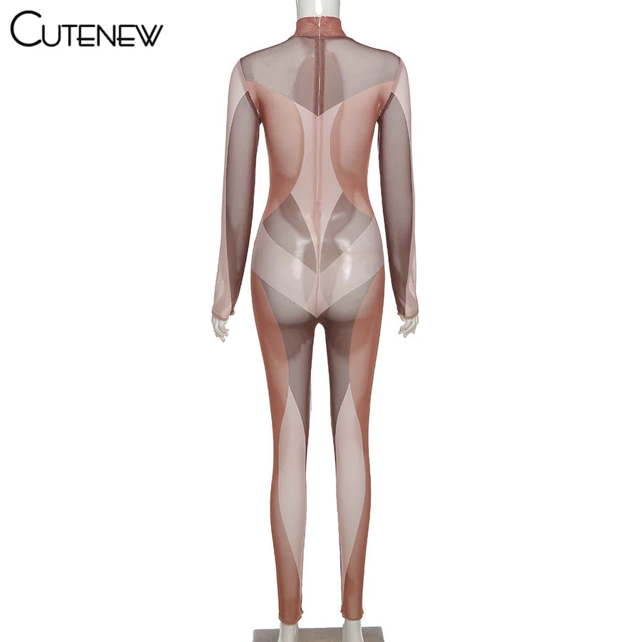 

Cutenew Mesh Color Matching Bodycon Rompers Womens Jumpsuit 2021 New Casual Workout Street Style Skinny Slim One Piece Jumpsuits
