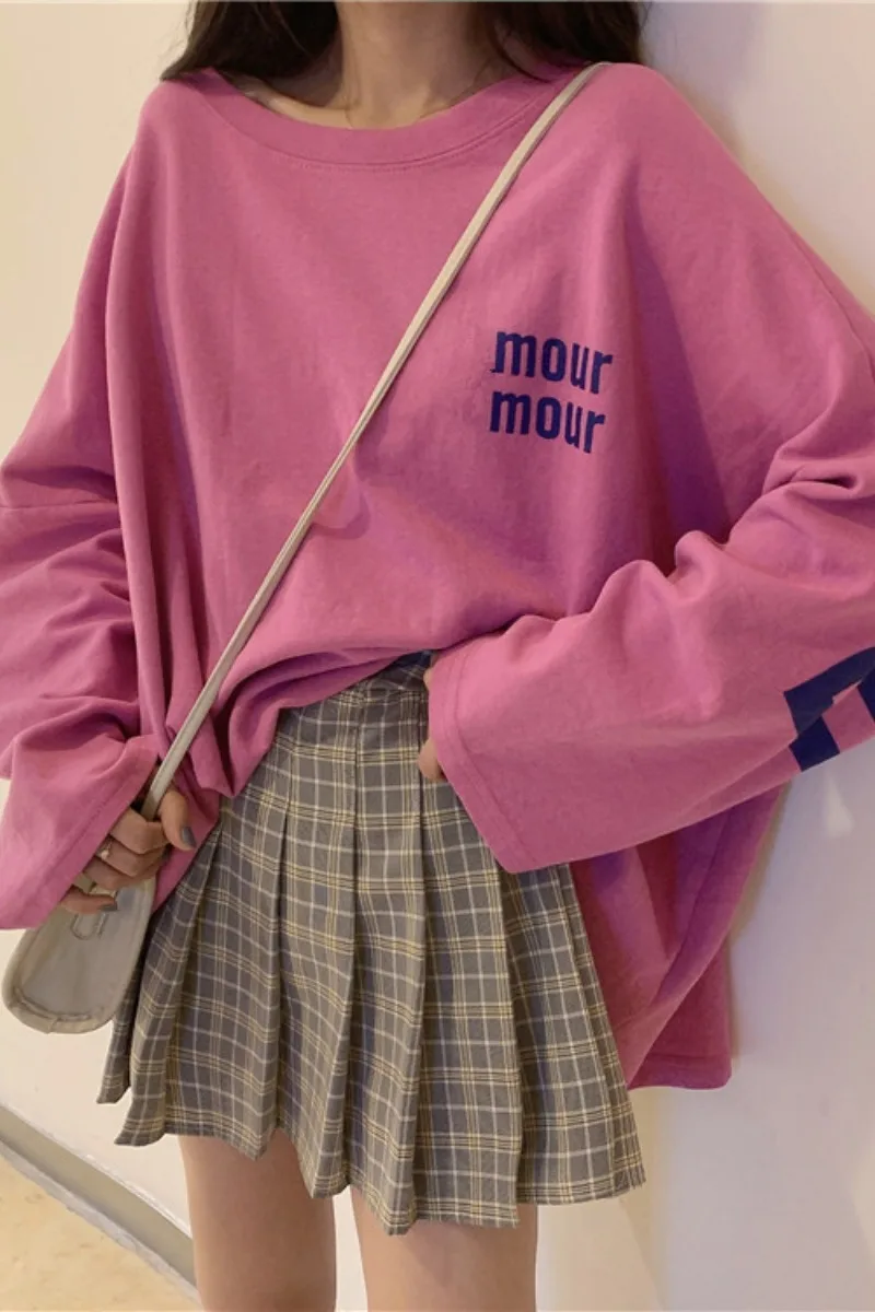 Ulzzang Топы mujer осень vogue корейский стиль одежда уличная панк с буквенным принтом Большие размеры с длинным рукавом Повседневная футболка женская