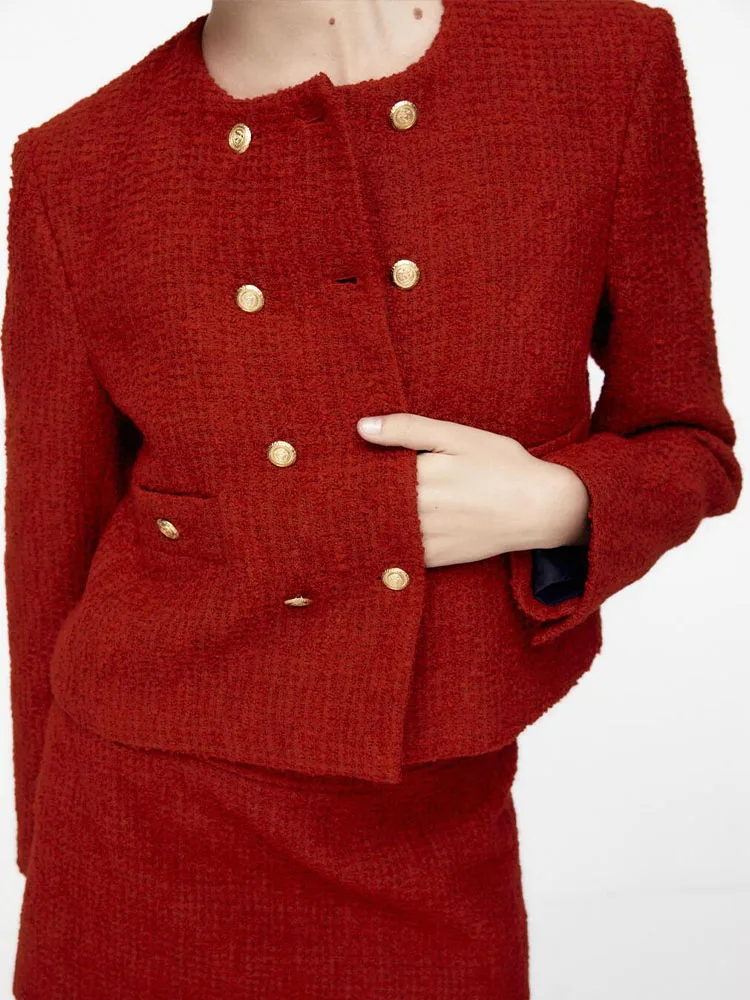 

2021 Tweed Two pieces set Women red Vintage O Neck Long Sleeve Office Lady slim Blazer Coat Female Hight Waist skirt suit
