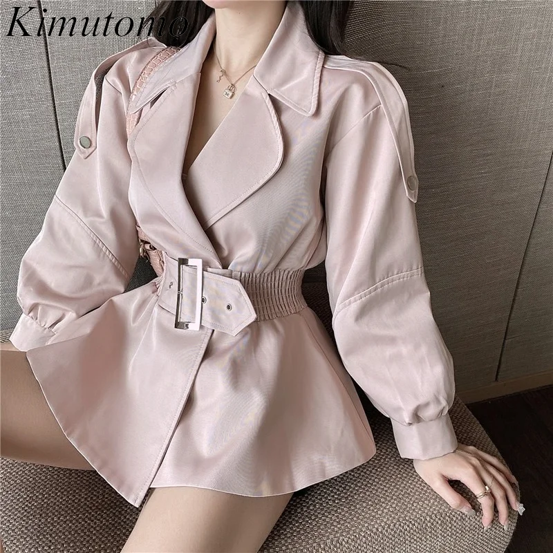 

Kimutomo Elegant Solid Jacket Women Autumn Korea Casual Office Lady Notched Collar Long Sleeve Slim Waist Korean Coats Femme