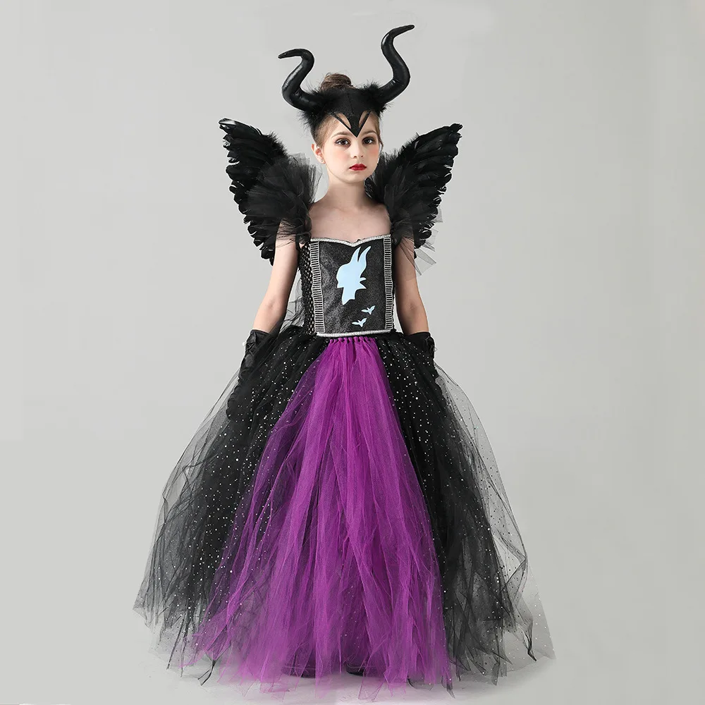 Halloween Girls Maleficent Costume Children Masquerade Carnival Party Vampire Red Queen Dress Up Birthday Tulle Puffy Ball Gowns |