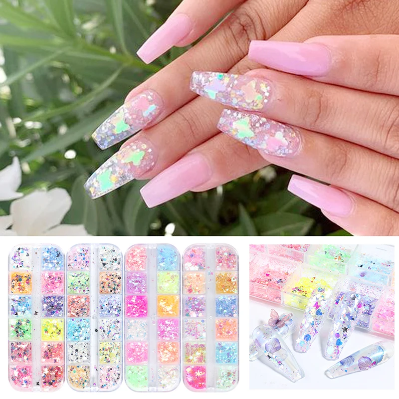 

1 Box Sparkly Nail Sequins Nail Art Flakes Butterfly 3D Laser Holographic Glitter Foil Mix Color Holographic DIY Art Mirror