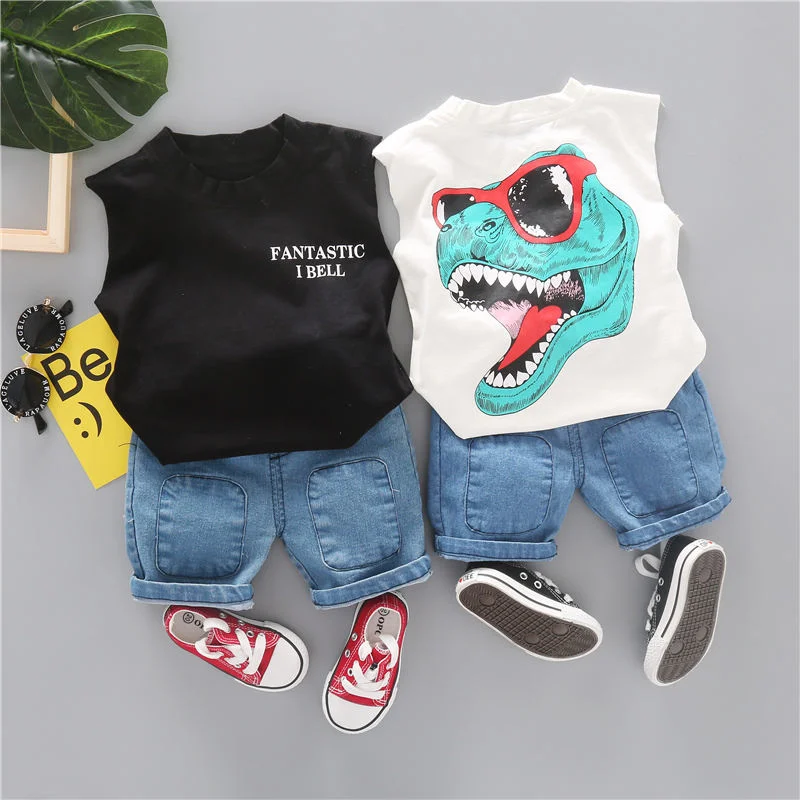 

New Summer Tops Children Boys Girls Baby Fashion Infant Dinosaur Clothing Set Kids Cotton Cartoon Vest Shorts 2pcs/sets Suit Set