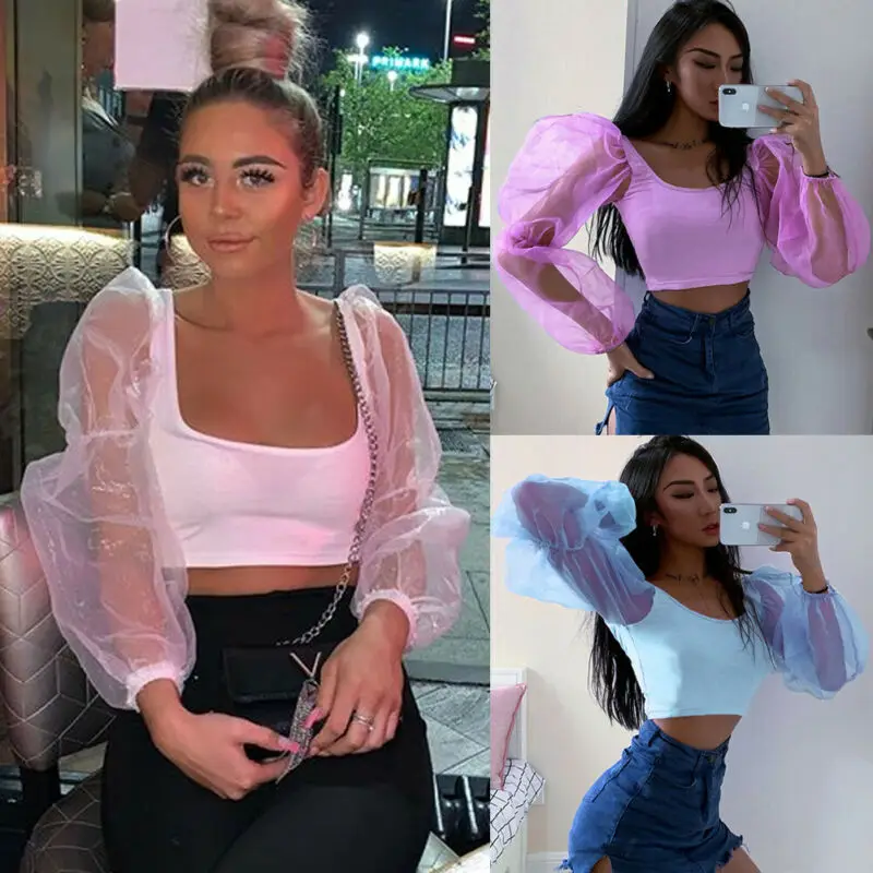 Мода женщин гофрированный сетчатый рукав низкий вырез сплошной Случайный клуб