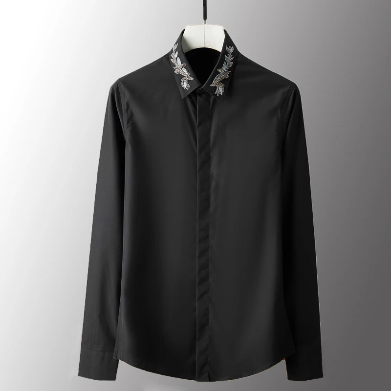 Minglu Black White Men Shirts Luxury India Wire Embroidery Long Sleeve Mens Plus Size 3XL 4XL Slim Fit Dress | Мужская одежда