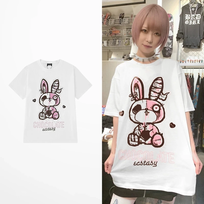 

Футболка мужская с забавным мультяшным принтом кролика, хлопок, оверсайз, для влюбленных, летняя Модная рубашка в стиле Хай-стрит, Харадзюку