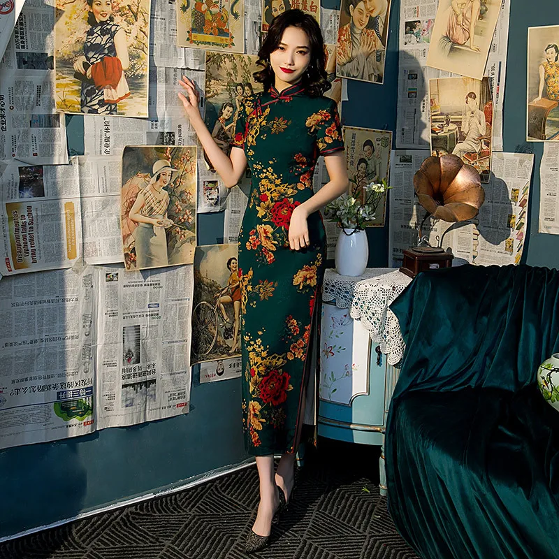 

Женское атласное платье-Ципао с цветочным принтом, пикантное тонкое винтажное платье в китайском стиле, на пуговицах, с воротником-стойкой