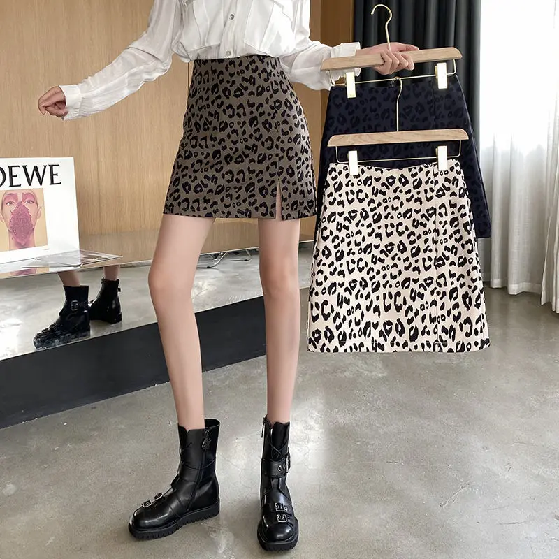 

2020 Autumn Leopard Dress Women A- line Dress High Waist Split Skirt Woman Skirts Mujer Faldas Saias Mulher
