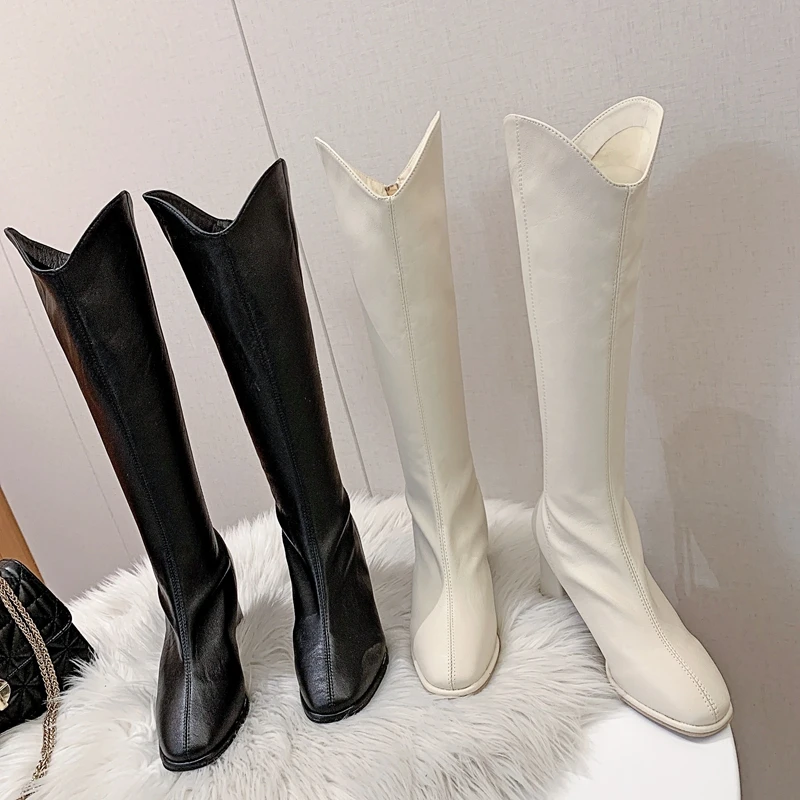 

ELLALLE Elegant High Think Heel Boots Women Winter Warm Plush Zipper Knee-High Round Toe Rubber Non-slip Female Boots