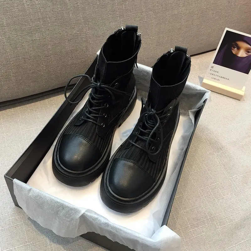 Женские ботинки Модные дышащие высокие эластичные вязаные сапоги с толстой