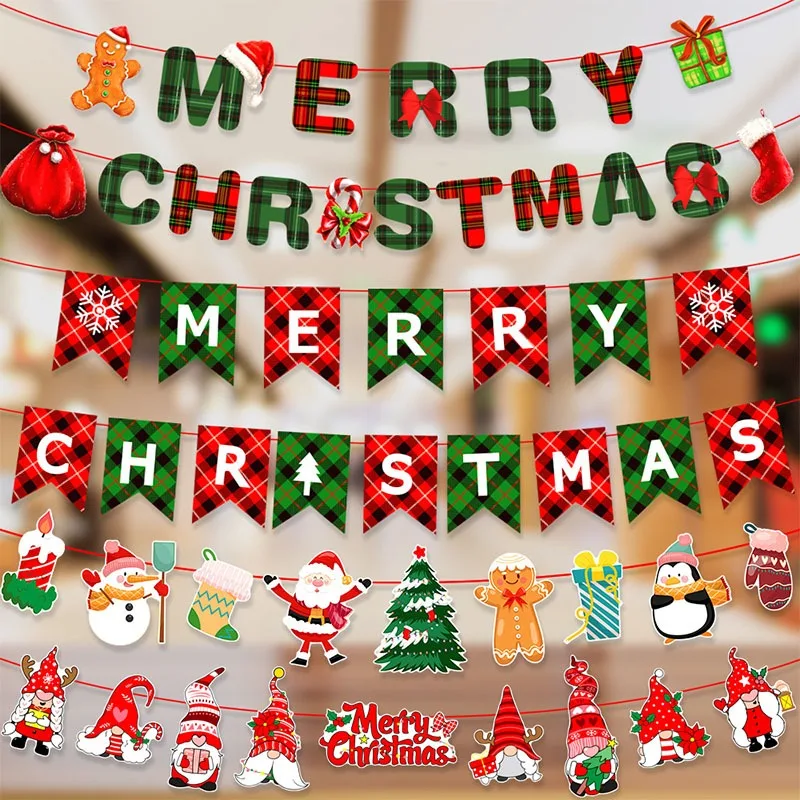 

3M Paper Pull Flag Bunting Banner Christmas Santa Claus Hanging Merry Christmas Decoration Garland Snowman Cartoon Home Decors